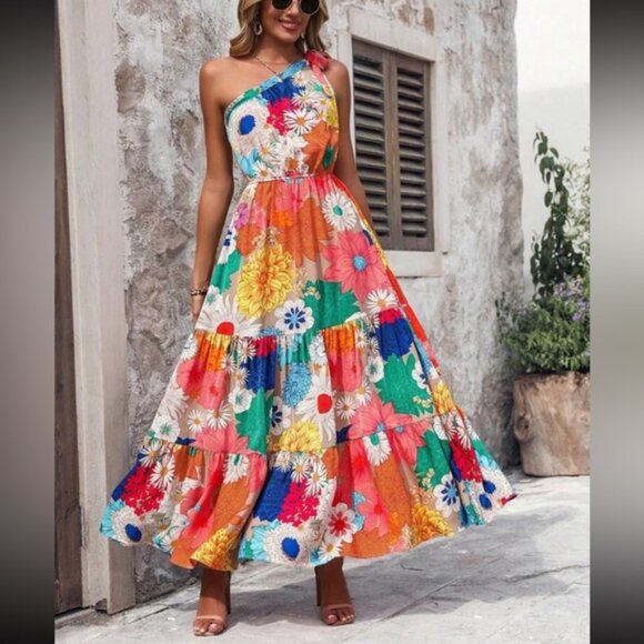 Boho floral print one shoulder A line dress - Picture 1 of 6